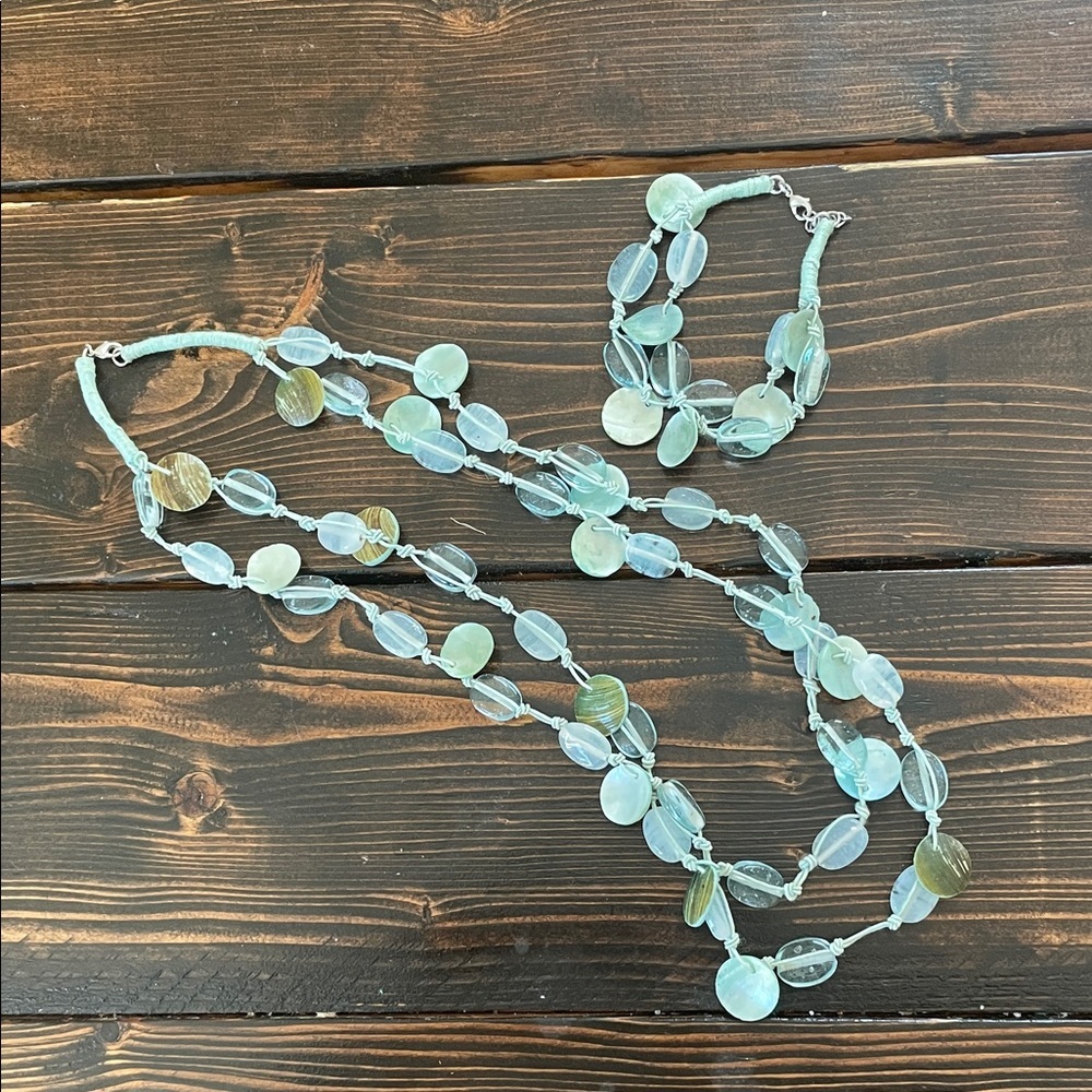 J. Jill Aqua Olive Stone and Natural Shell Double Strand Necklace &Bracelet